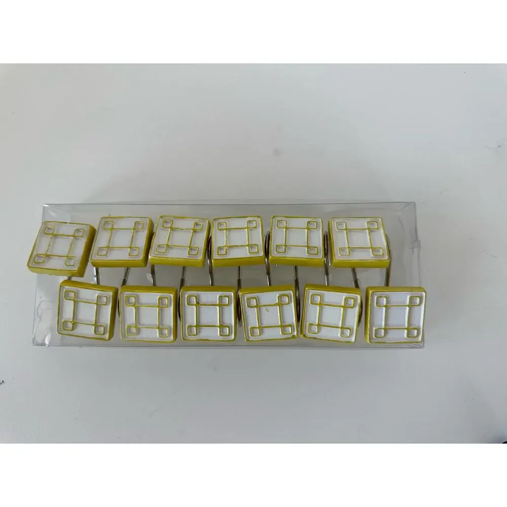 Shower Curtain Rings Hooks, geometric yellow & white, set of 12